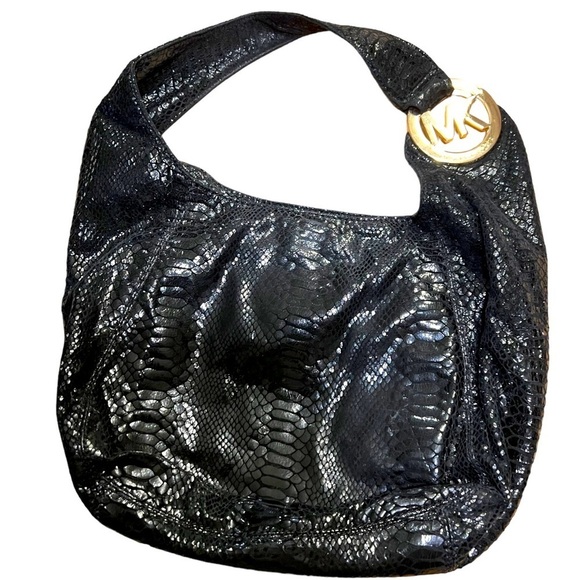 Michael Kors Fulton Python Embossed Black Shoulder Bag​ - Picture 1 of 7